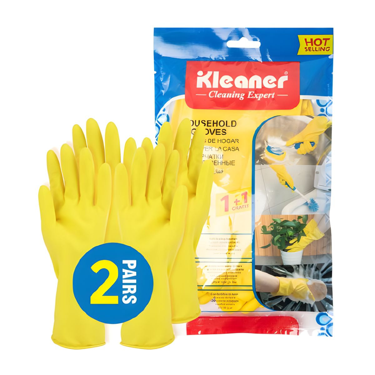 Guantes de Limpieza de Látex Reutilizables (Talla L). Pack de 2 Pares. Color Amarillo.
