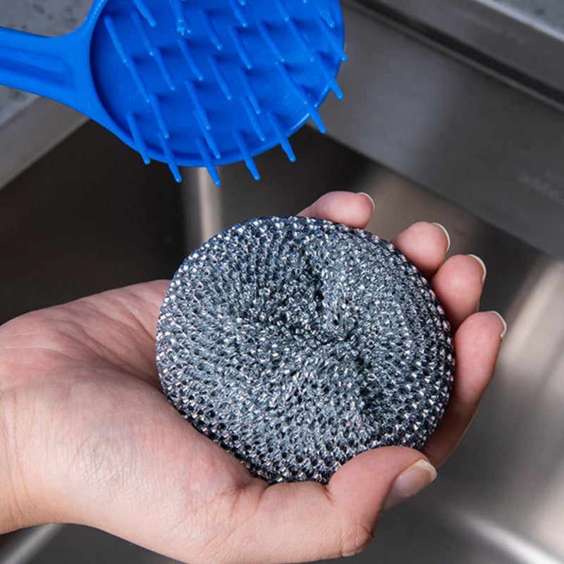 Brillo Fregar con mango largo (22.5cm). Estropajo de Acero con Asa. Fibra metálica.