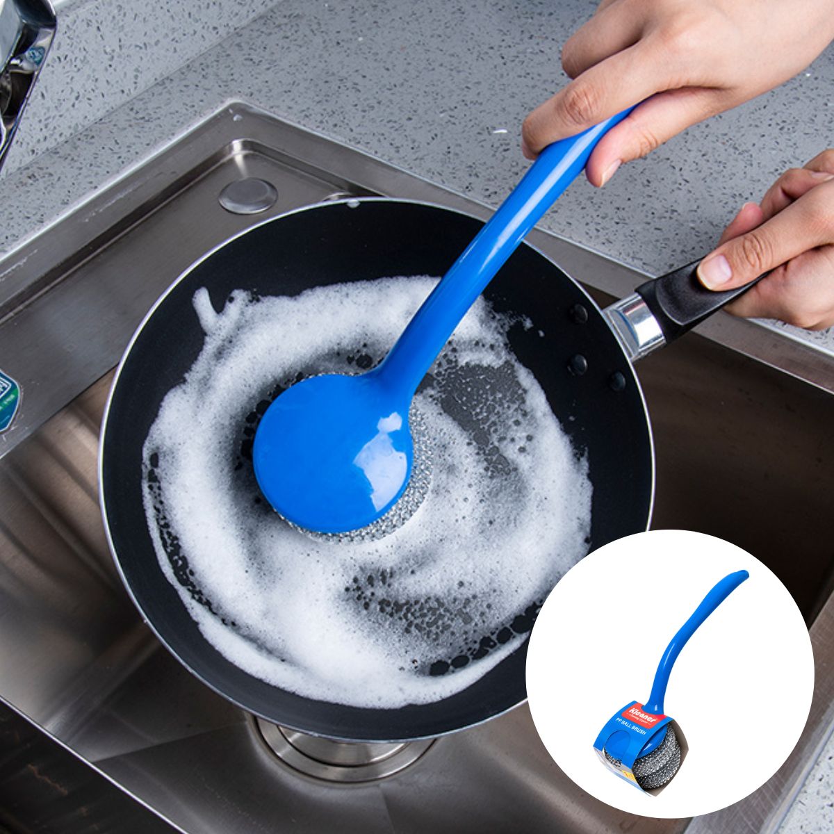 Brillo Fregar con mango largo (22.5cm). Estropajo de Acero con Asa. Fibra metálica.