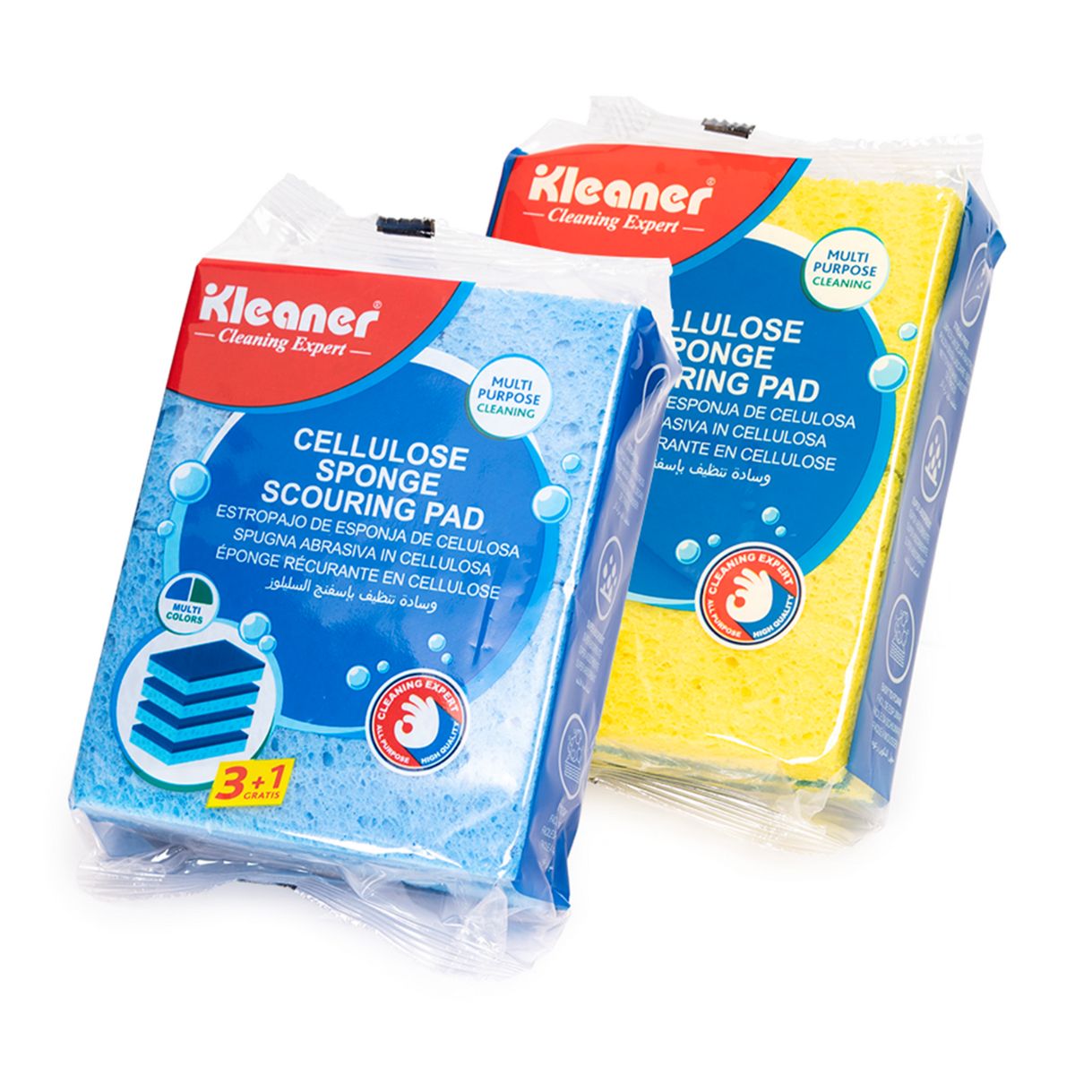 Esponjas para Fregar de celulosa con Fibra Abrasiva (11.2×6.8×2cm). Pack de 4 Unidades. Colores surtidos.