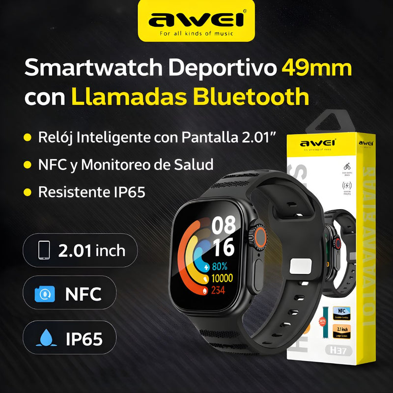 Smartwatch Deportivo 49mm con Llamadas Bluetooth. Reloj Inteligente con Pantalla 2.01”, NFC y Monitoreo de Salud. Resistente IP65.