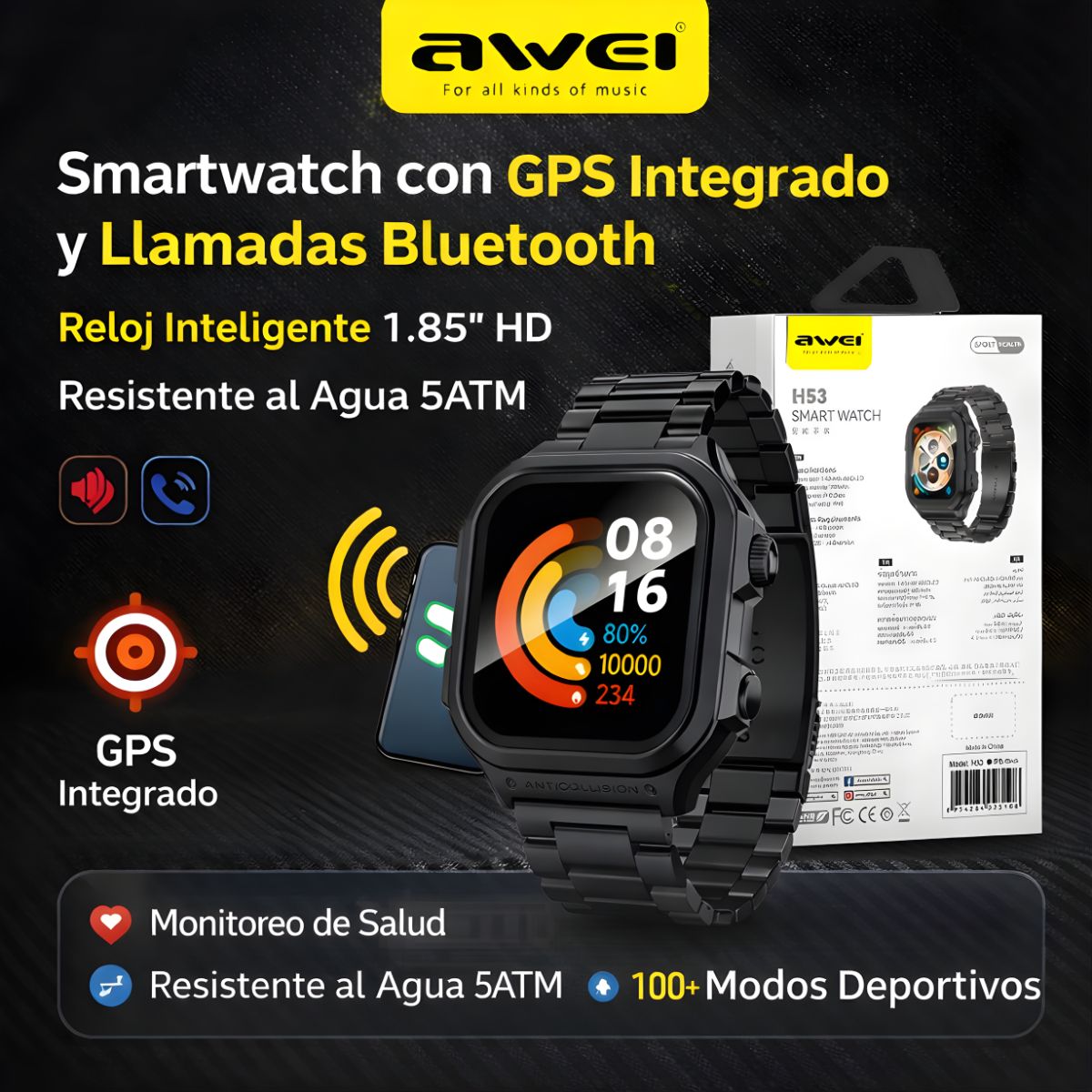 Smartwatch con GPS Integrado y Llamadas Bluetooth. Reloj Inteligente 1.85” HD. Resistente al Agua 5ATM. Monitoreo de Salud y 100+ Modos Deportivo.