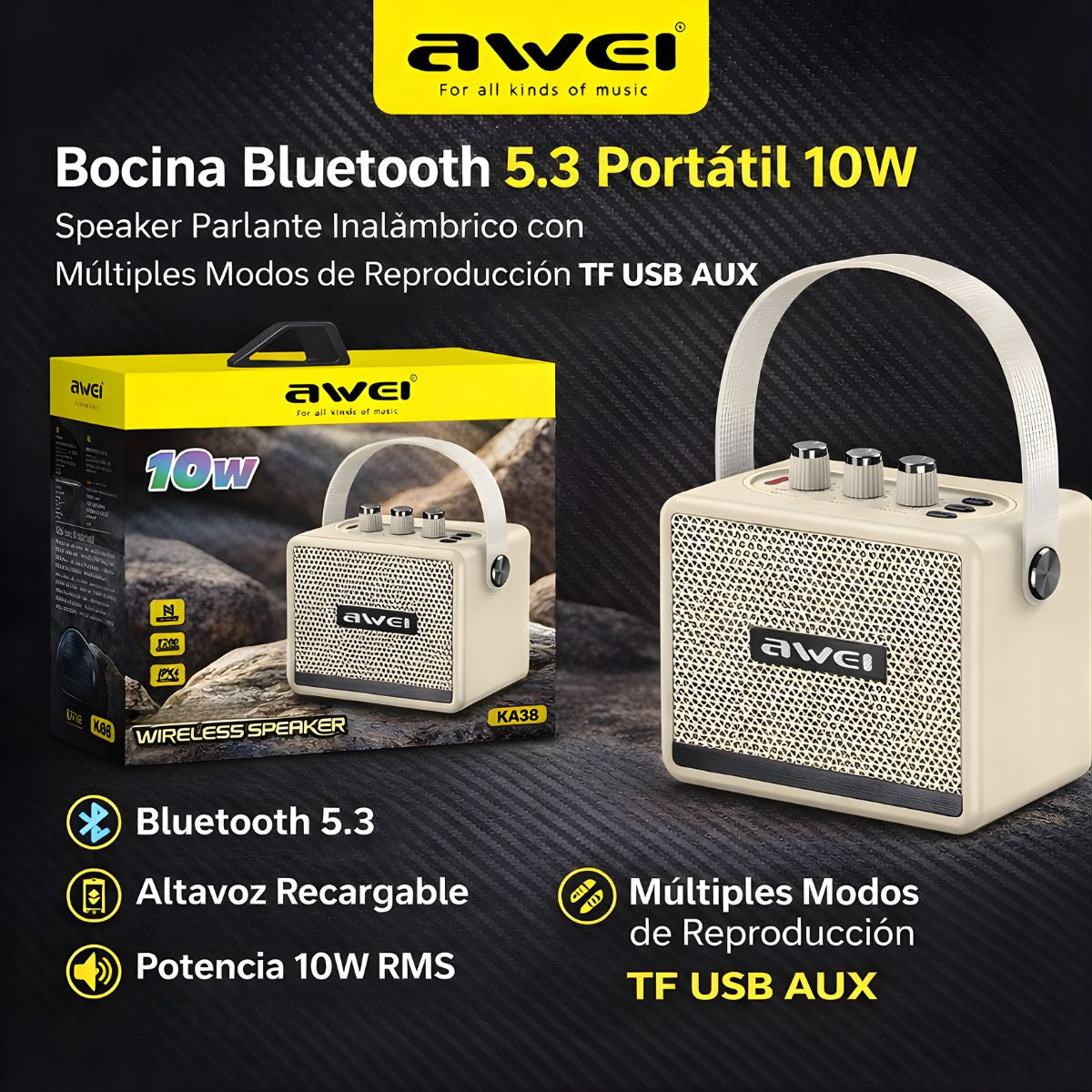 Bocina Bluetooth 5.3 Portátil 10W. Speaker Parlante Inalámbrico con Múltiples Modos de Reproducción TF USB AUX. Altavoz Recargable.