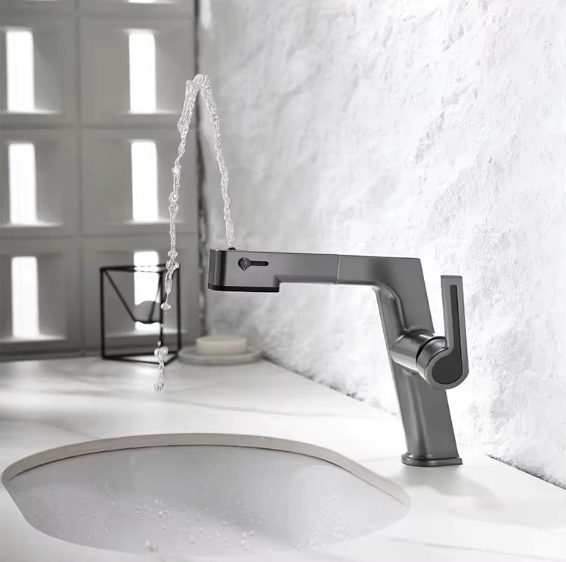 Grifo para lavamanos 29 cm Monomando manguera extraible pluma lavabo Gris mate de alta calidad