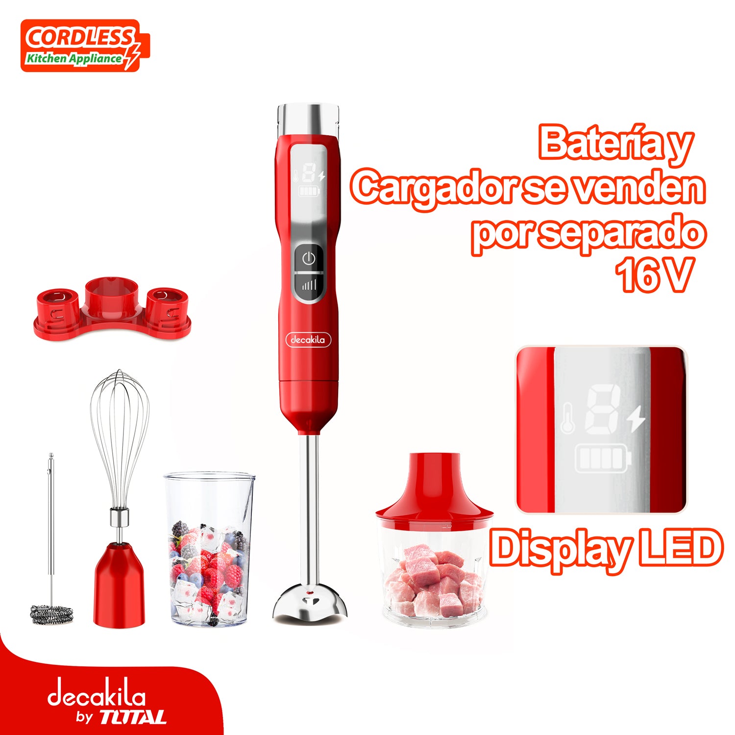 Batidora De Mano Inalámbrica Roja 100W. 16V. Set 5 en 1. Ideal para mezclas jugo y salsa. Batería y cargador por separado.