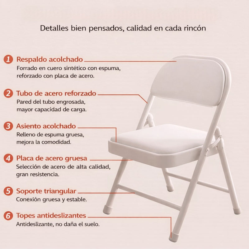 Silla Plegable Reforzada En Metal (79×44×45Cm). Marco Blanco Y Asiento En Cuerina Acolchada. Soporta hasta 150Kg.