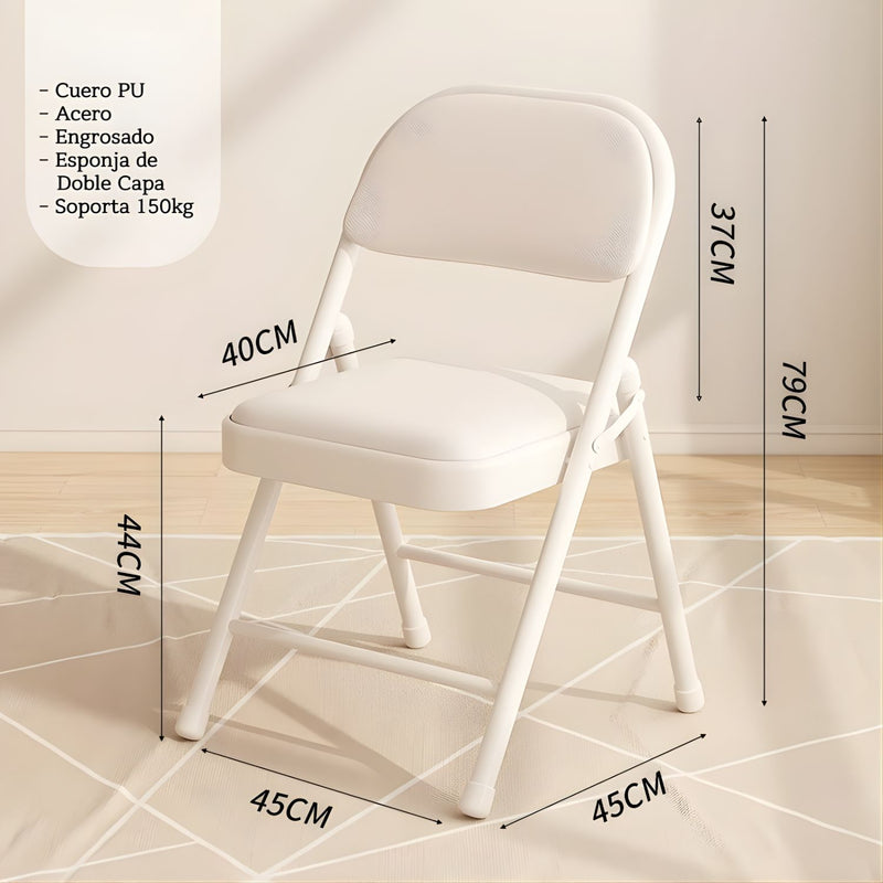 Silla Plegable Reforzada En Metal (79×44×45Cm). Marco Blanco Y Asiento En Cuerina Acolchada. Soporta hasta 150Kg.