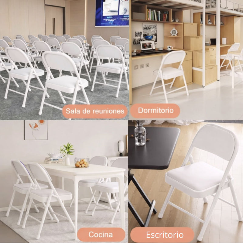 Silla Plegable Reforzada En Metal (79×44×45Cm). Marco Blanco Y Asiento En Cuerina Acolchada. Soporta hasta 150Kg.