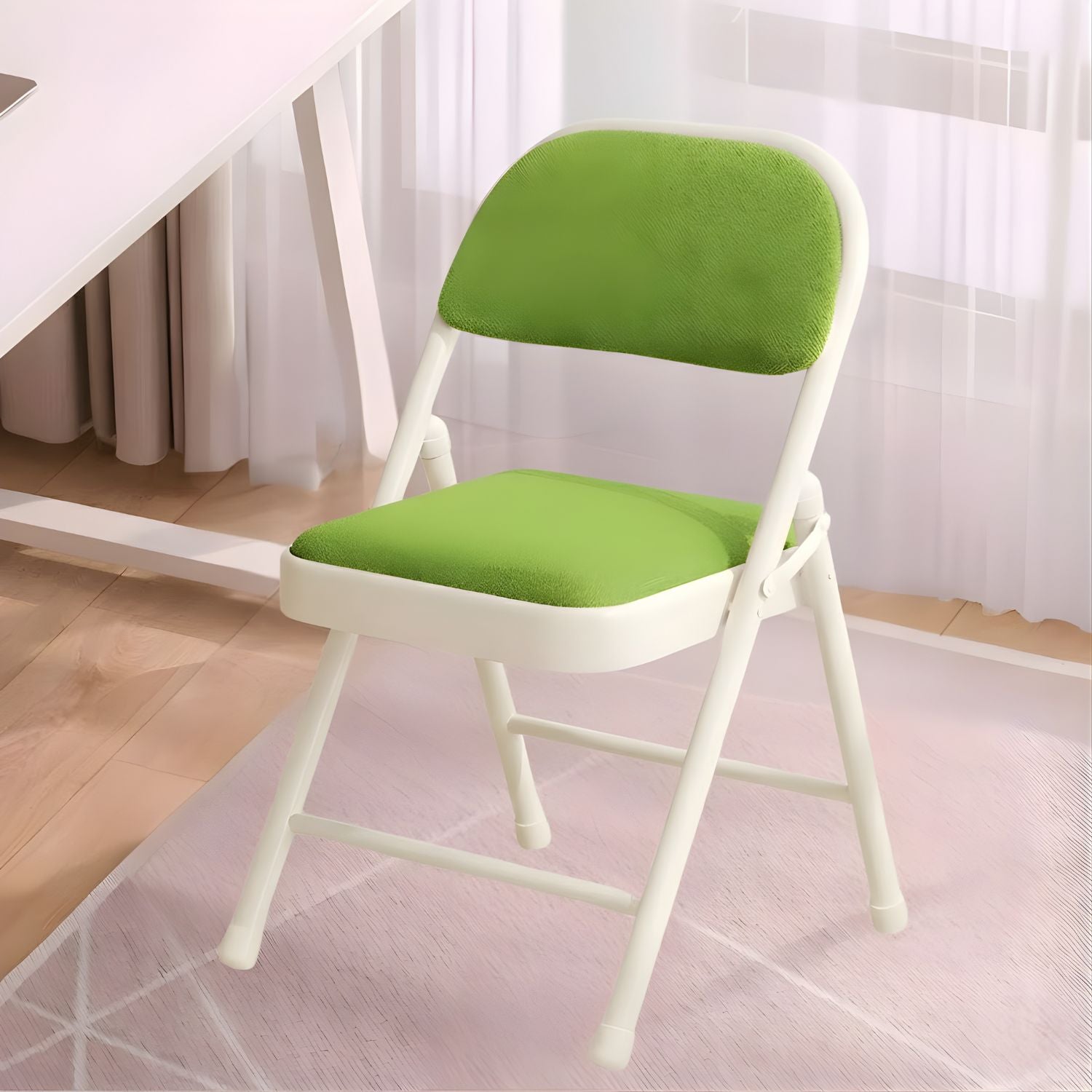 Silla Plegable Reforzada En Acero (79×45×45Cm). Marco Blanco Y Asiento verde de Malla Transpirable. Soporta hasta 150kg.
