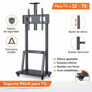 Soporte para TV 32–75” Móvil con rudas . Soporta hasta 80 kg. Altura Ajustable 1395–1920mm. Base 700×430 mm. Estante Multimedia. Luz de panal