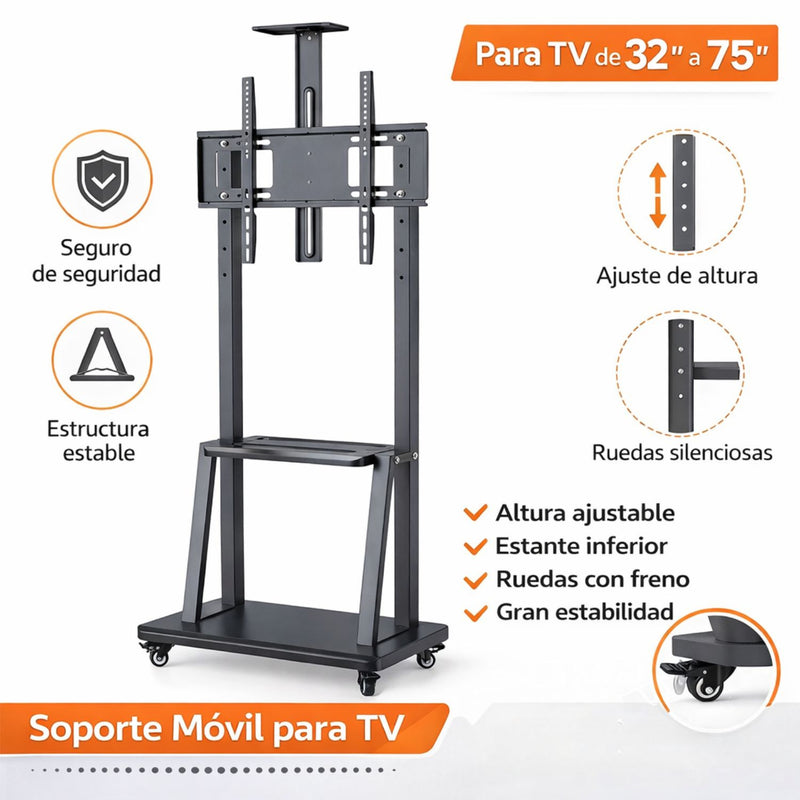 Soporte para TV 32–75” Móvil con rudas . Soporta hasta 80 kg. Altura Ajustable 1395–1920mm. Base 700×430 mm. Estante Multimedia. Luz de panal