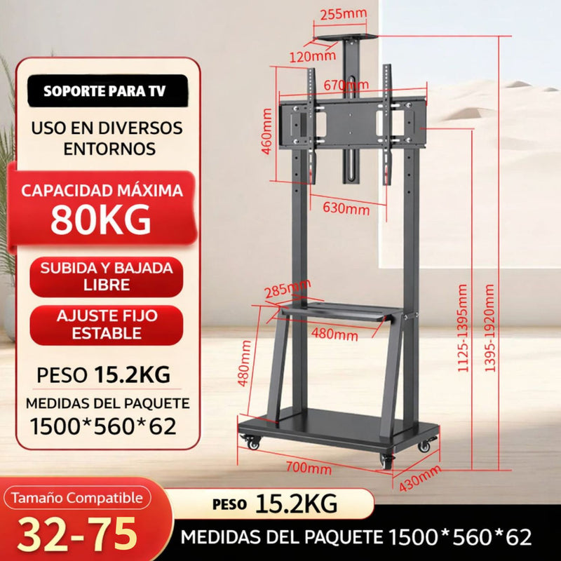 Soporte para TV 32–75” Móvil con rudas . Soporta hasta 80 kg. Altura Ajustable 1395–1920mm. Base 700×430 mm. Estante Multimedia. Luz de panal
