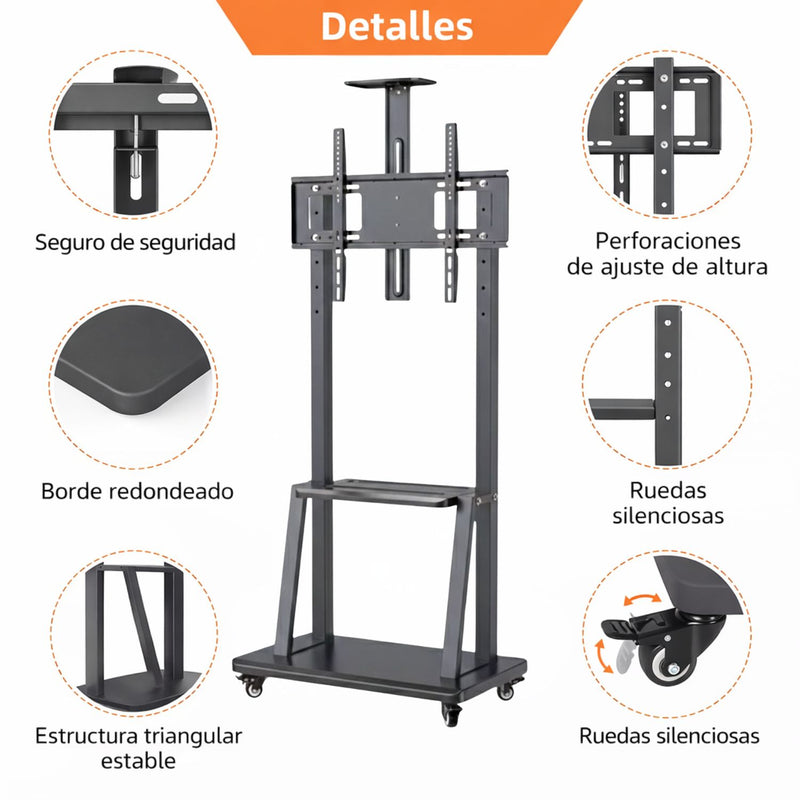 Soporte para TV 32–75” Móvil con rudas . Soporta hasta 80 kg. Altura Ajustable 1395–1920mm. Base 700×430 mm. Estante Multimedia. Luz de panal
