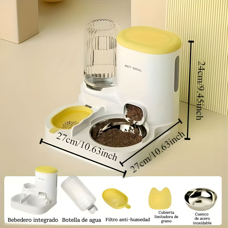 Dispensador de comida automático para mascotas. Bebedero Integrado 1.8L.  Alimentador por gravedad. Tazón de acero inoxidable.