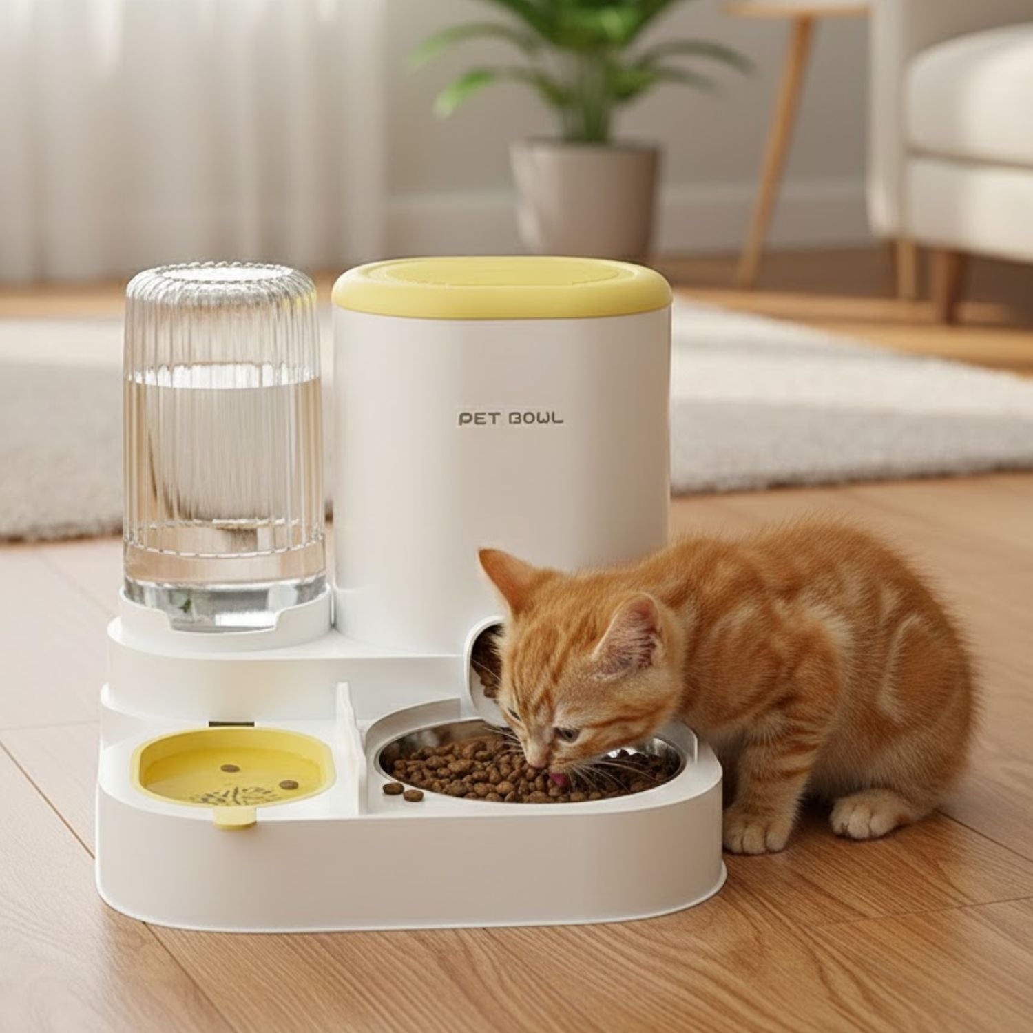 Dispensador de comida automático para mascotas. Bebedero Integrado 1.8L.  Alimentador por gravedad. Tazón de acero inoxidable.
