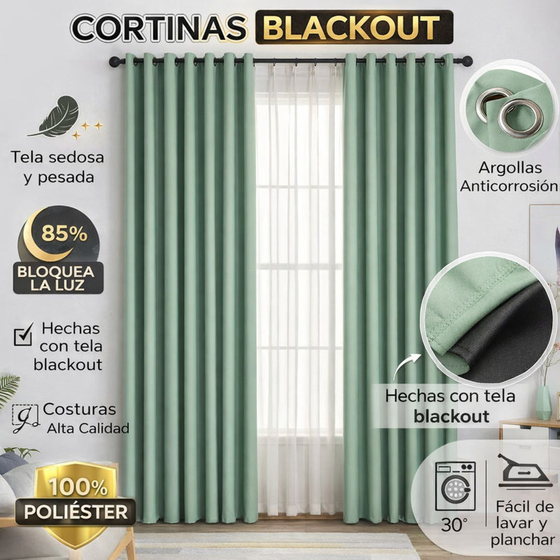 Cortinas Blackout Verde con Argollas (1.4x2.4m) Bloqueo 85% Luz. Cortinas de tela con anillos (2 paneles).