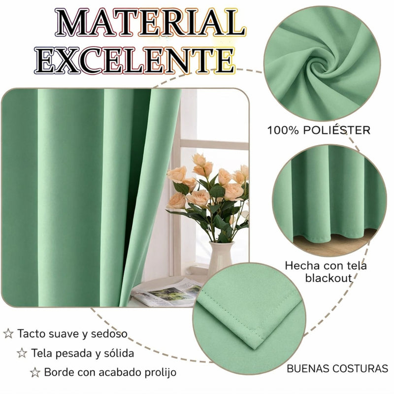 Cortinas Blackout Verde con Argollas (1.4x2.4m) Bloqueo 85% Luz. Cortinas de tela con anillos (2 paneles).