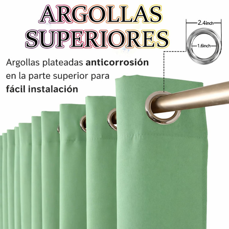 Cortinas Blackout Verde con Argollas (1.4x2.4m) Bloqueo 85% Luz. Cortinas de tela con anillos (2 paneles).