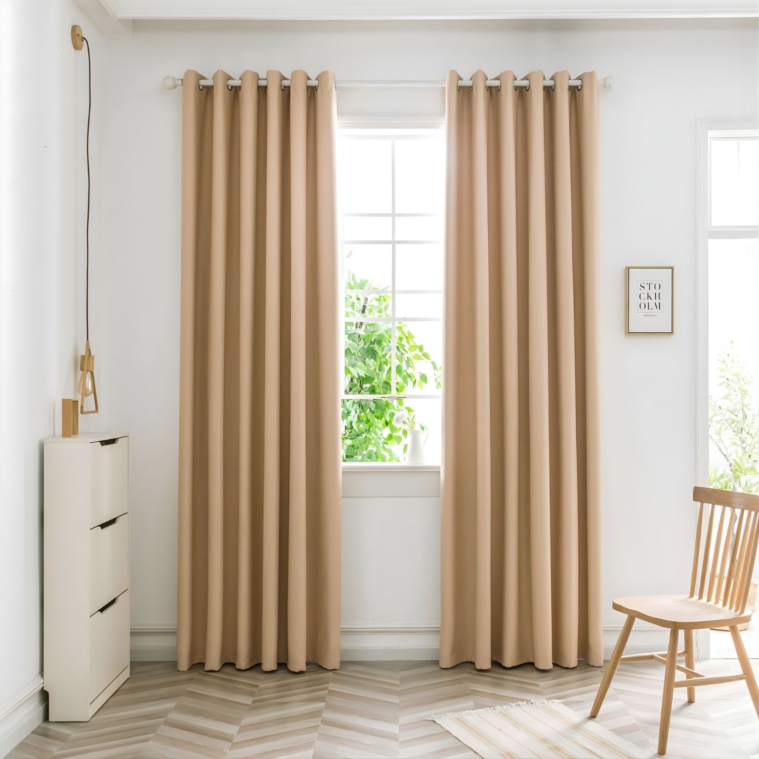 Cortinas Blackout Beige con Argollas (1.4x2.4m) Bloqueo 85% Luz. Cortinas de tela con anillos (2 paneles).