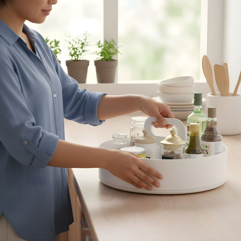Organizador Giratorio Multifuncional 360° para Cocina (25.5cm) con Asa. Base Antideslizante. Bandeja Giratoria.