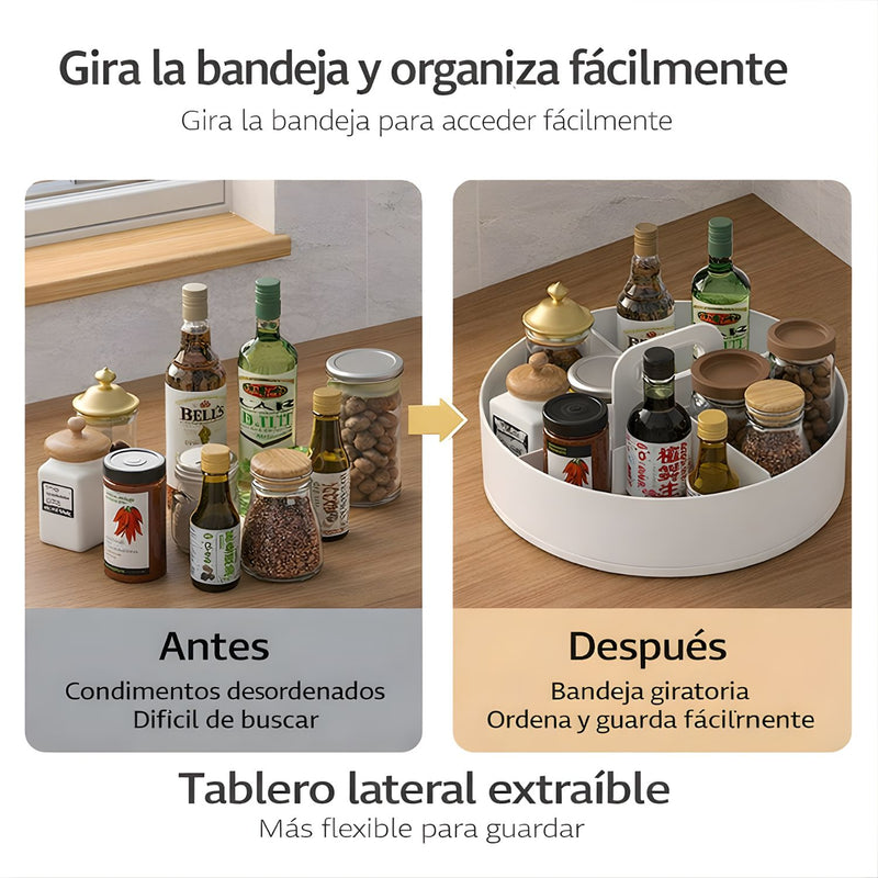 Organizador Giratorio Multifuncional 360° para Cocina (25.5cm) con Asa. Base Antideslizante. Bandeja Giratoria.