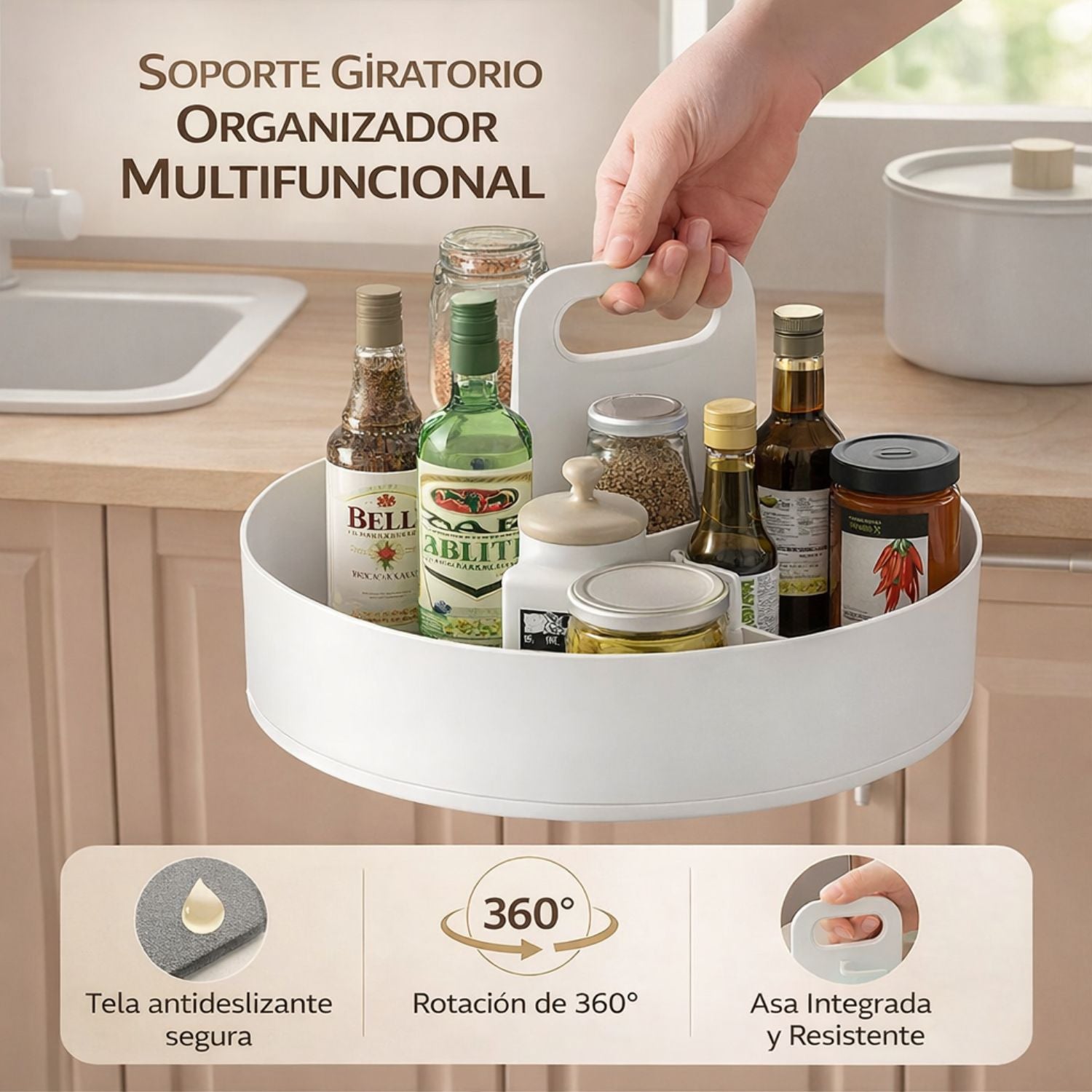 Organizador Giratorio Multifuncional 360° para Cocina (25.5cm) con Asa. Base Antideslizante. Bandeja Giratoria.