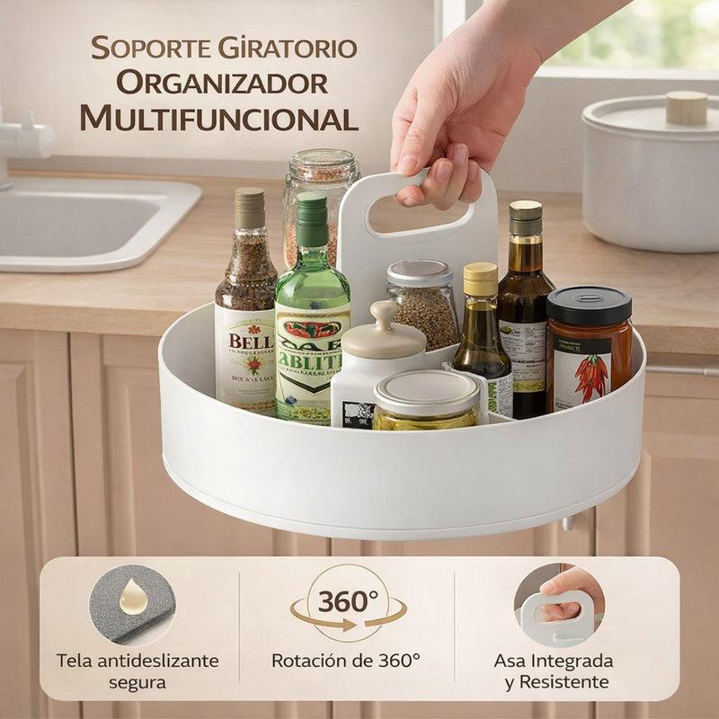 Organizador Giratorio Multifuncional 360° para Cocina (25.5cm) con Asa. Base Antideslizante. Bandeja Giratoria.