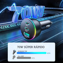 Cargador para Auto 70W Dual USB-C PD 35W y USB QC3.0 Carga Rápida. Color Negro. Adaptador de carro.