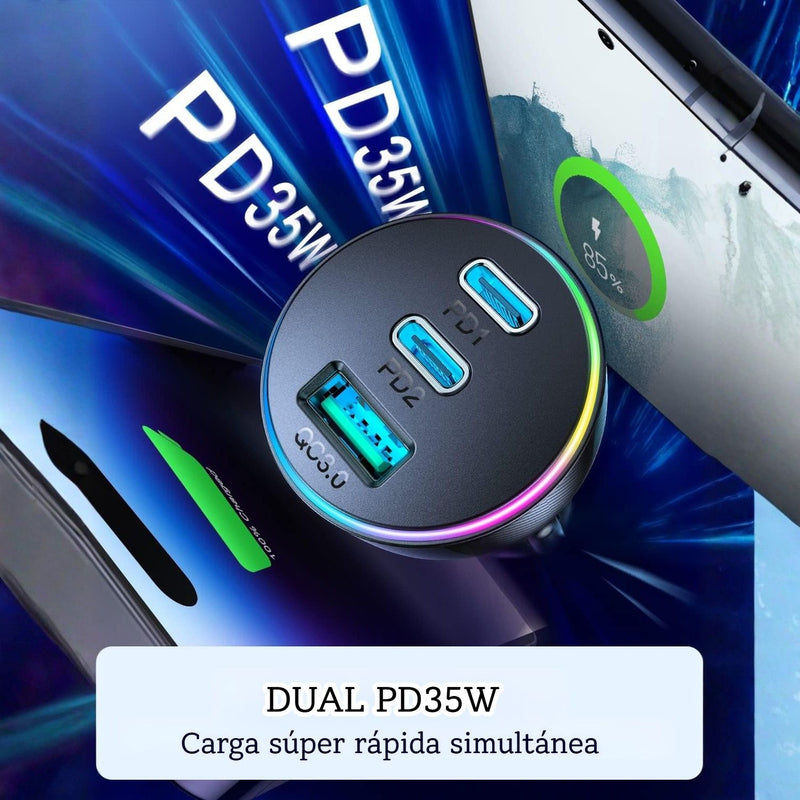 Cargador para Auto 70W Dual USB-C PD 35W y USB QC3.0 Carga Rápida. Color Negro. Adaptador de carro.