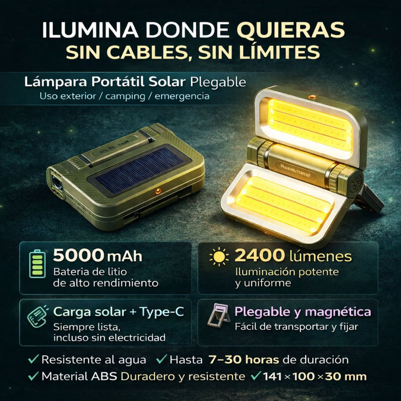 Lámpara Portátil Solar Plegable 2400Lm 5000mAh.  Color Verde Militar. Recargable por USB-C (141×100×30mm). Luz de Emergencia.