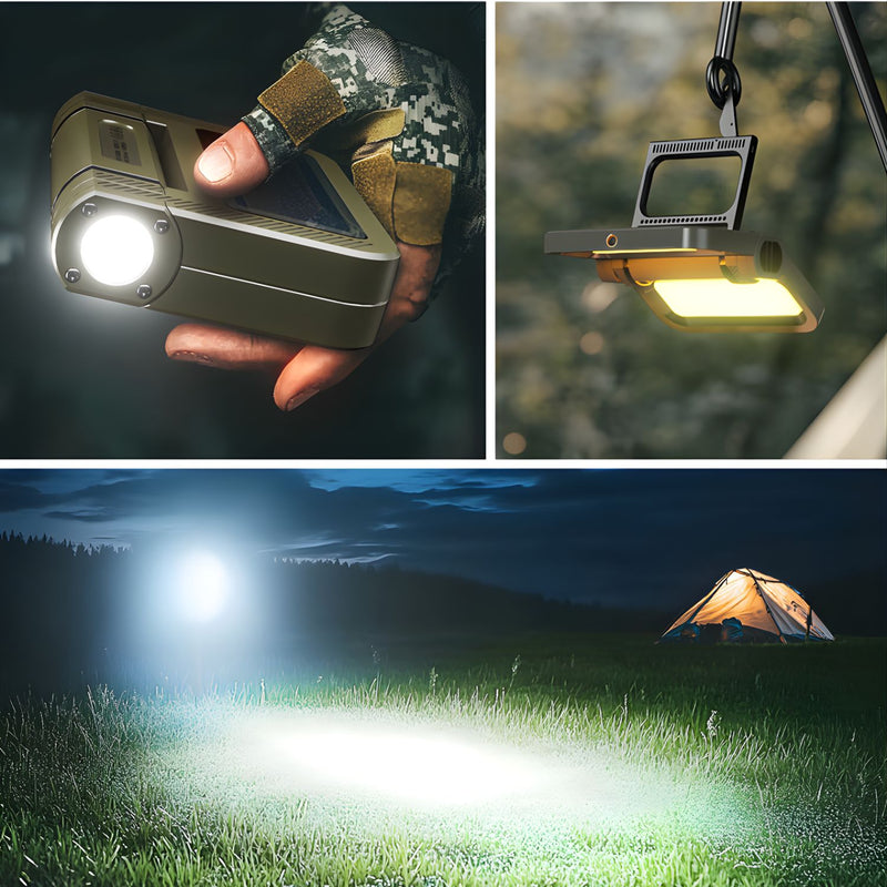 Lámpara Portátil Solar Plegable 2400Lm 5000mAh.  Color Verde Militar. Recargable por USB-C (141×100×30mm). Luz de Emergencia.
