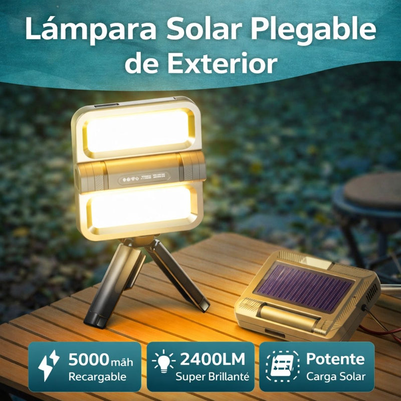 Lámpara Portátil Solar Plegable 2400Lm 5000mAh.  Color Verde Militar. Recargable por USB-C (141×100×30mm). Luz de Emergencia.