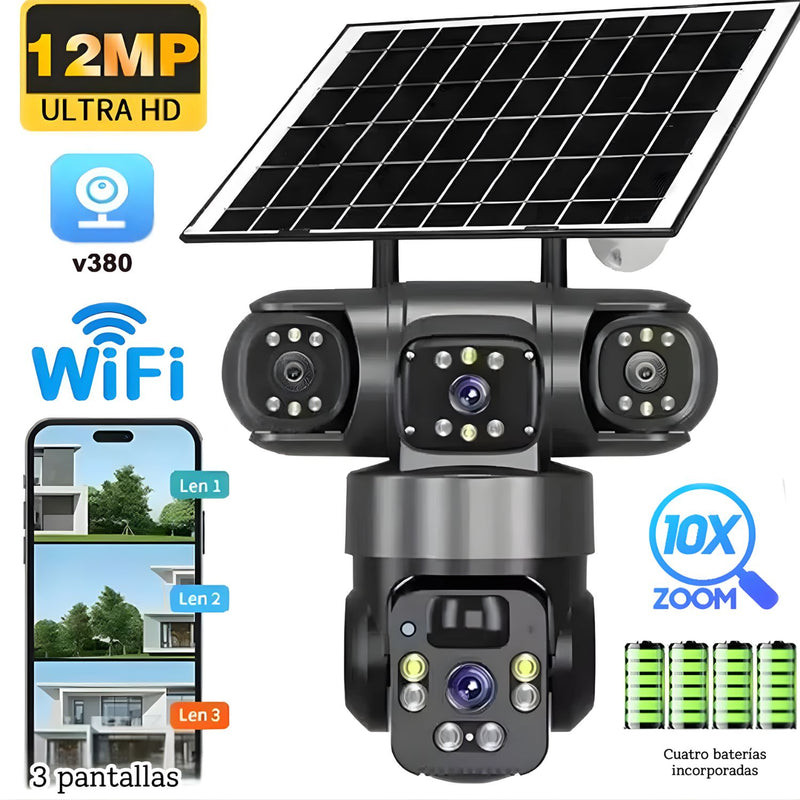 Cámara de Seguridad Solar WiFi. Triple Lente 12MP 2K IP66 PTZ 360°. Zoom 10X. Audio Bidireccional con Detección Humana.