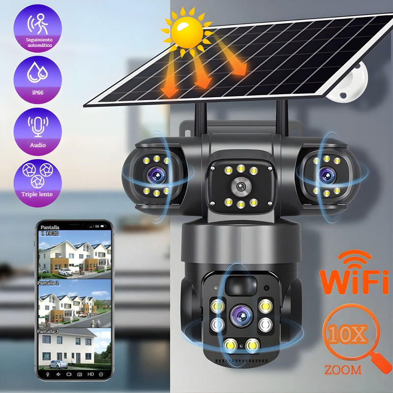Cámara de Seguridad Solar WiFi. Triple Lente 12MP 2K IP66 PTZ 360°. Zoom 10X. Audio Bidireccional con Detección Humana.