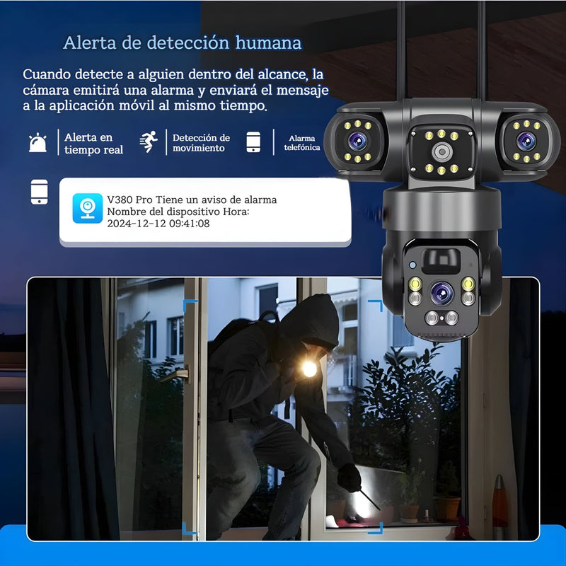 Cámara de Seguridad Solar WiFi. Triple Lente 12MP 2K IP66 PTZ 360°. Zoom 10X. Audio Bidireccional con Detección Humana.