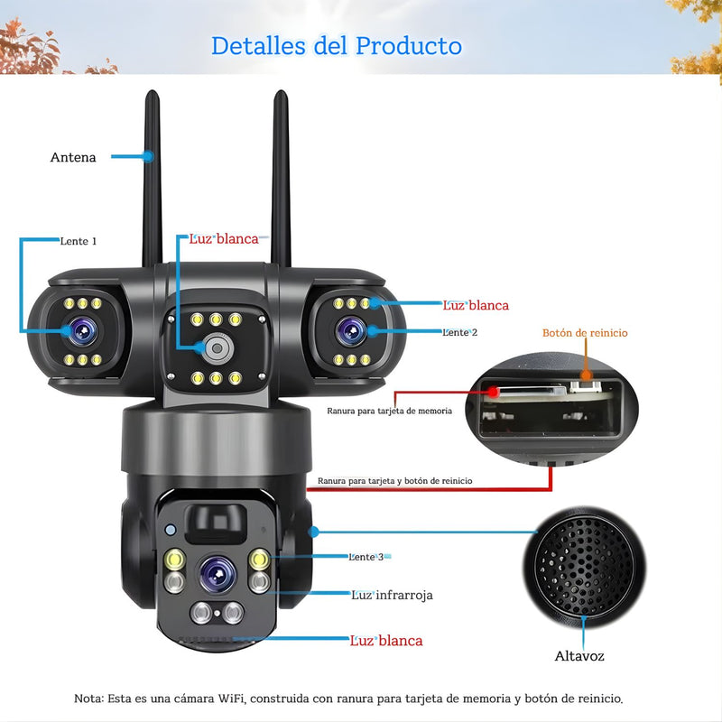 Cámara de Seguridad Solar 4G. Triple Lente 12MP 2K IP66 PTZ 360°. Zoom 10X. Audio Bidireccional con Detección Humana.
