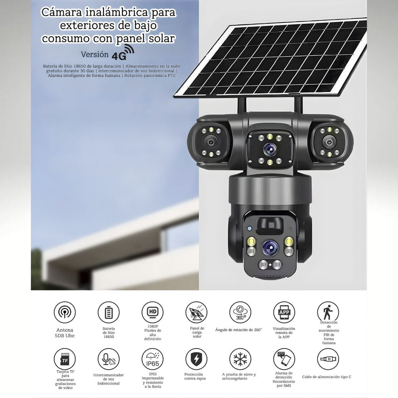 Cámara de Seguridad Solar 4G. Triple Lente 12MP 2K IP66 PTZ 360°. Zoom 10X. Audio Bidireccional con Detección Humana.