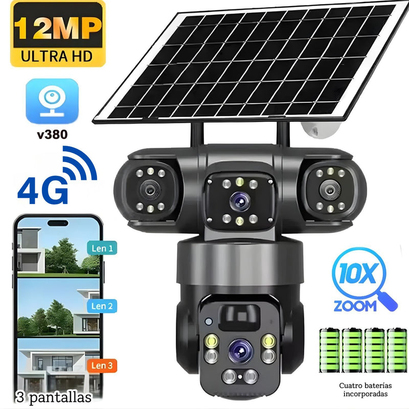 Cámara de Seguridad Solar 4G. Triple Lente 12MP 2K IP66 PTZ 360°. Zoom 10X. Audio Bidireccional con Detección Humana.