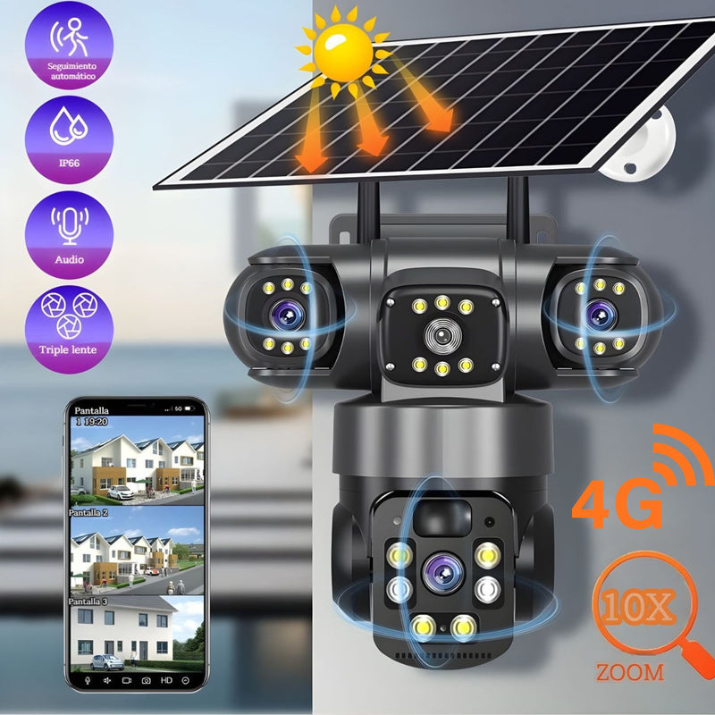 Cámara de Seguridad Solar 4G. Triple Lente 12MP 2K IP66 PTZ 360°. Zoom 10X. Audio Bidireccional con Detección Humana.