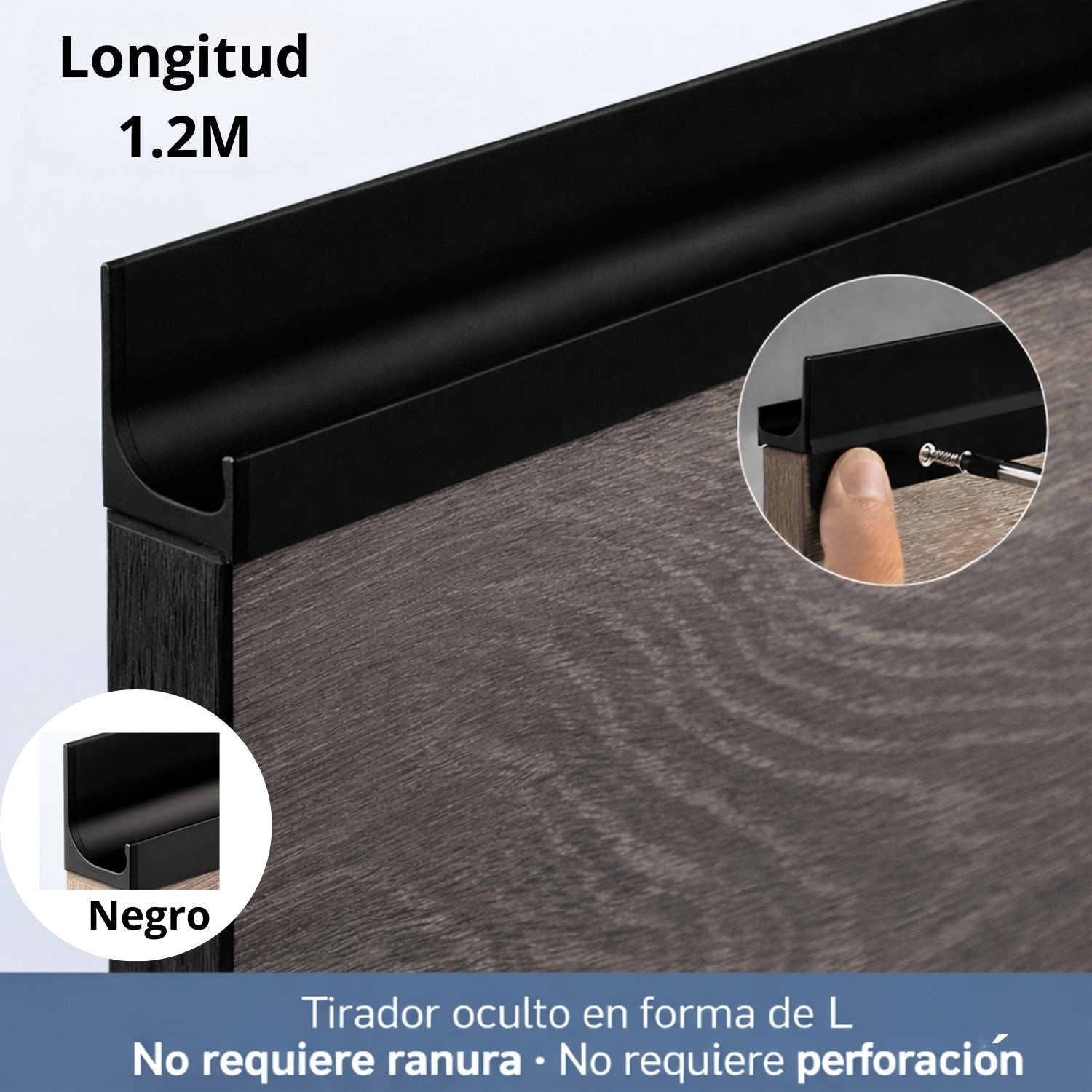 Perfil cocinas Tirador Oculto Tipo L (1.2m). Color Negro. Perfil Embutido Sin Ranura. Aleación de Aluminio para Puertas de Closet, Gabinetes y Cajones. Manija Invisible Moderna.