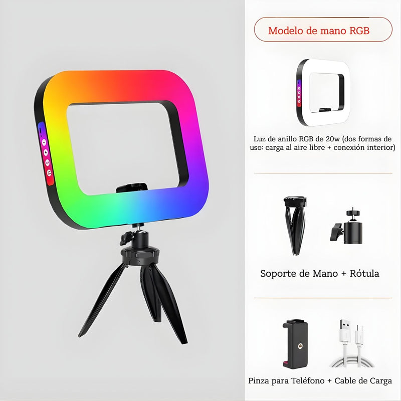 Luz de Anillo RGB Portátil 20W con Trípode Metálico y Soporte para Celular. Iluminación Profesional para influencers o streaming.