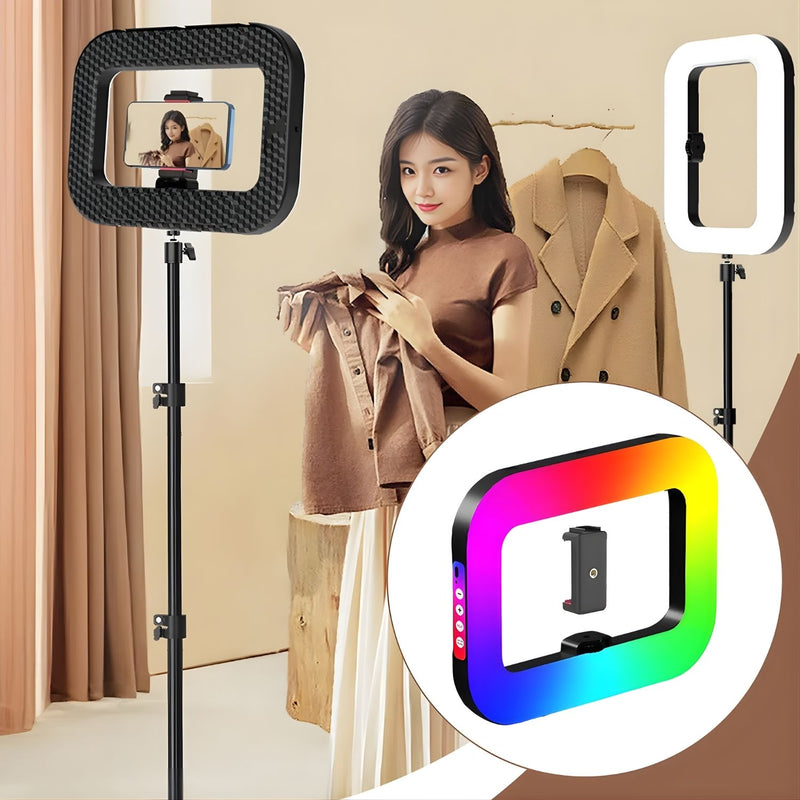Luz de Anillo RGB Portátil 20W con Trípode Metálico y Soporte para Celular. Iluminación Profesional para influencers o streaming.