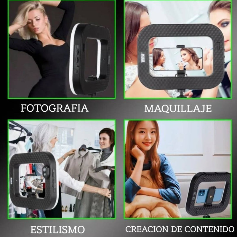 Luz de Anillo RGB Portátil 20W con Trípode Metálico y Soporte para Celular. Iluminación Profesional para influencers o streaming.