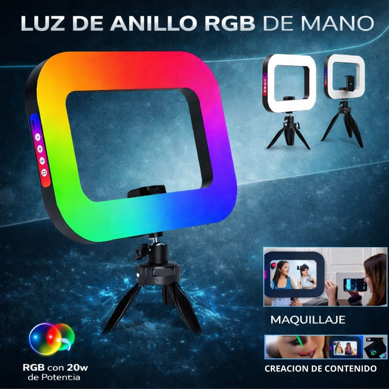 Luz de Anillo RGB Portátil 20W con Trípode Metálico y Soporte para Celular. Iluminación Profesional para influencers o streaming.