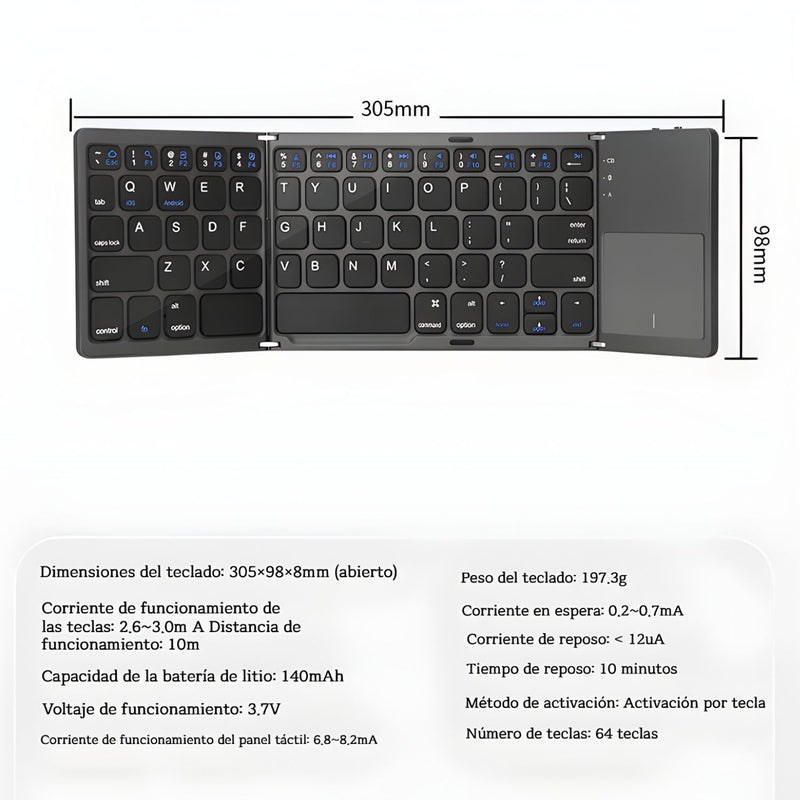 Teclado Bluetooth Plegable Portátil con Touchpad. Compatible iOS Android Windows (305×98×8mm).
