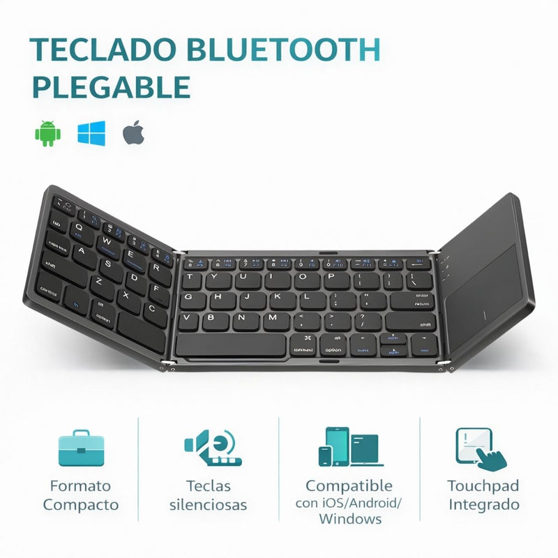Teclado Bluetooth Plegable Portátil con Touchpad. Compatible iOS Android Windows (305×98×8mm).
