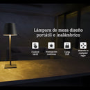Lámpara LED de Mesa Portátil e Inalámbrica. Diseño Moderno con Base Cuadrada. 3 Tonos de Luz. Control Táctil con Atenuación Continua. Color negro. Usado en restaurantes