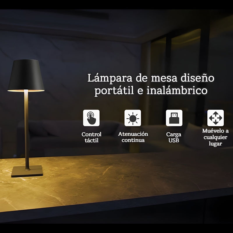 Lámpara LED de Mesa Portátil e Inalámbrica. Diseño Moderno con Base Cuadrada. 3 Tonos de Luz. Control Táctil con Atenuación Continua. Color negro. Usado en restaurantes