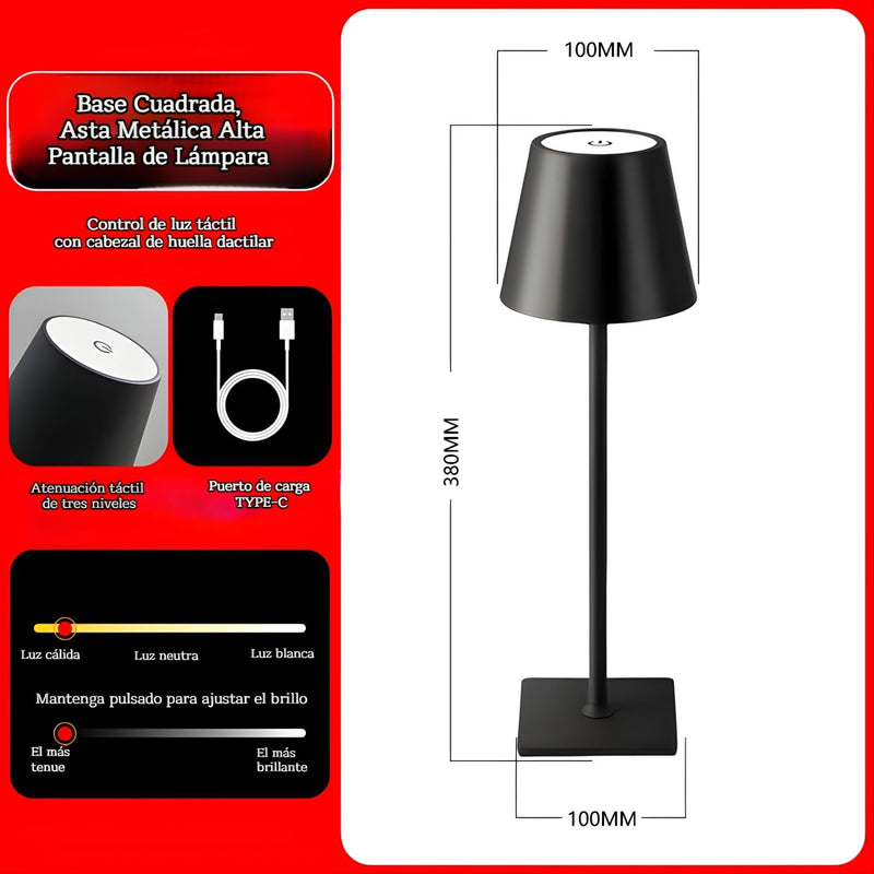 Lámpara LED de Mesa Portátil e Inalámbrica. Diseño Moderno con Base Cuadrada. 3 Tonos de Luz. Control Táctil con Atenuación Continua. Color negro. Usado en restaurantes