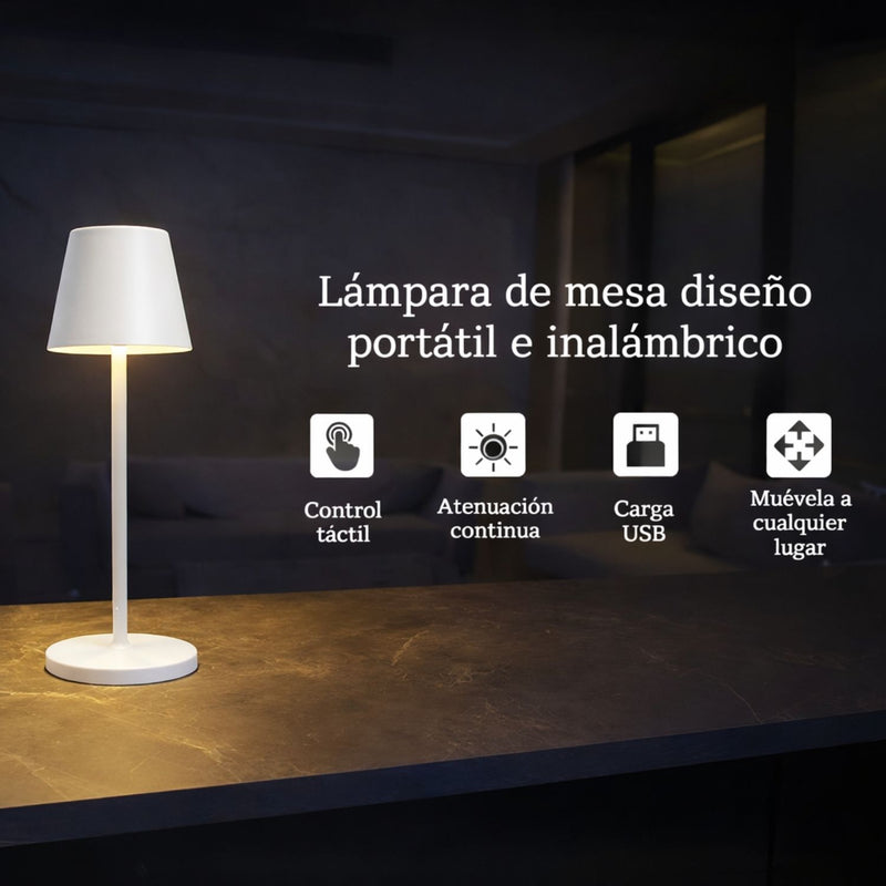 Lámpara LED de Mesa Portátil e Inalámbrica. Diseño Moderno con Base Cuadrada. 3 Tonos de Luz. Control Táctil con Atenuación Continua. Color blanco.  Usado en restaurantes